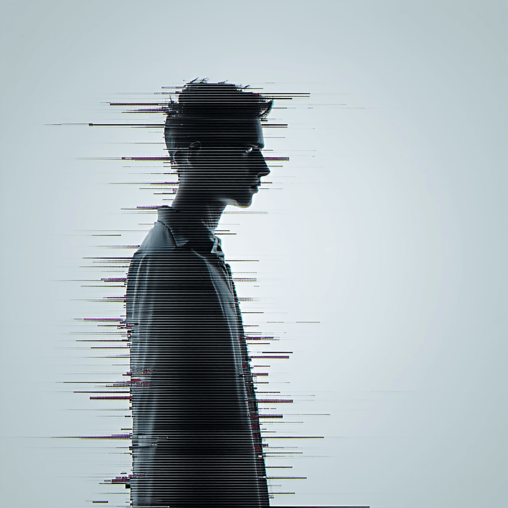 AI generated: glitch art with linear distortion, horizontal scan lines and digital interference, vertical portrait...