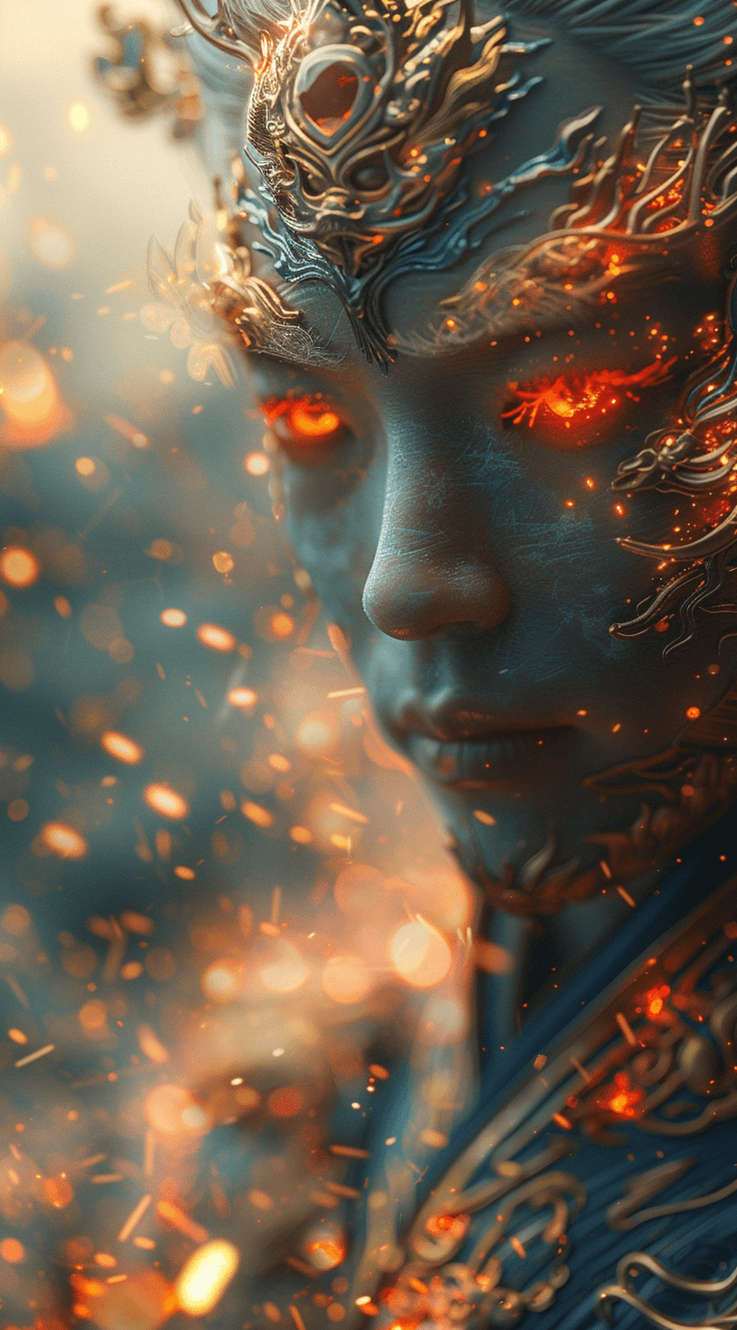 AI generated: a chinese character in a fiery costume with red eyes, in the style of realistic hyper-detailed portr...