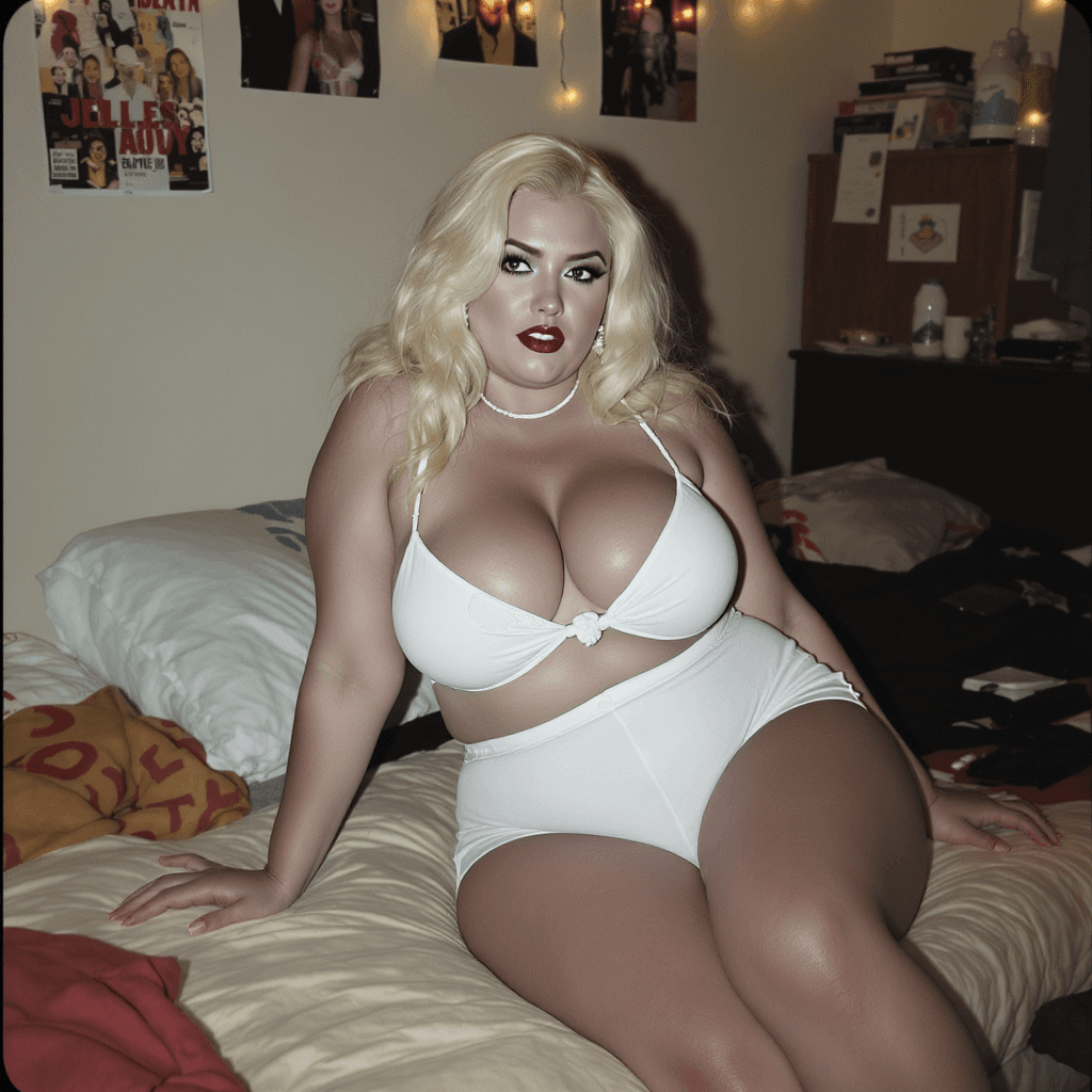 AI generated: A bold retro photograph of a curvy young female with platinum blonde hair and dramatic makeup. She w...