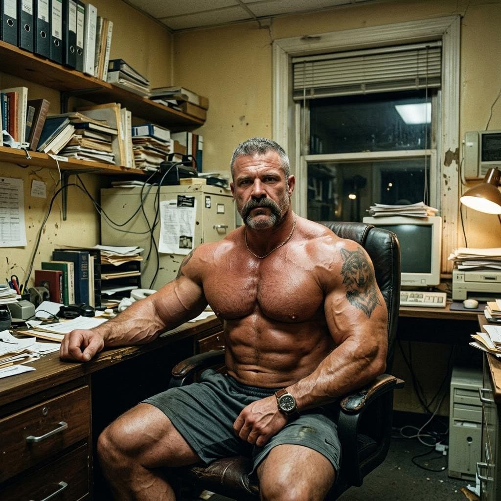 AI generated: realistic muscular 40-year-old daddy bodybuilder, with huge chest muscles, with horseshoe mustache, ...