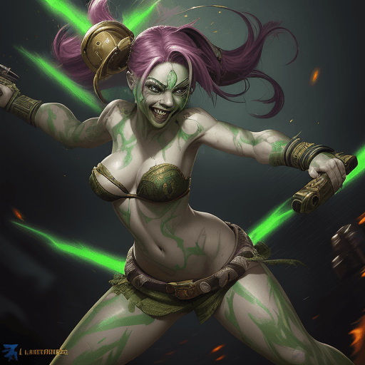 AI generated: painterly style, seductive female League of legends Jinx character fighting at war, raging, crazy sm...