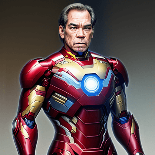 AI generated: TOMMY LEE JONES IN A RED, SILVER AND BLUE AND GOLD IRON MAN SUIT
