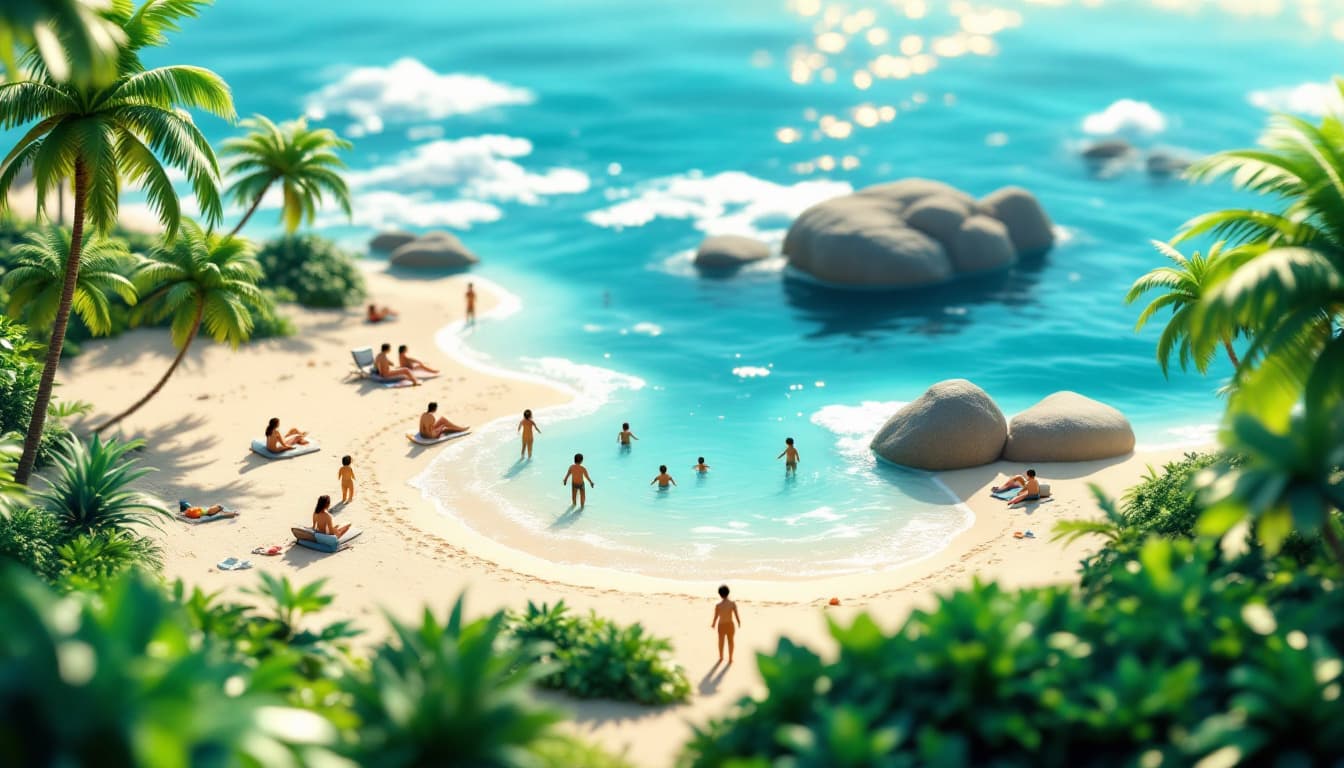 AI generated: Image of a small world: the scene includes summer and sunny weather, with a serene ocean and sandy b...