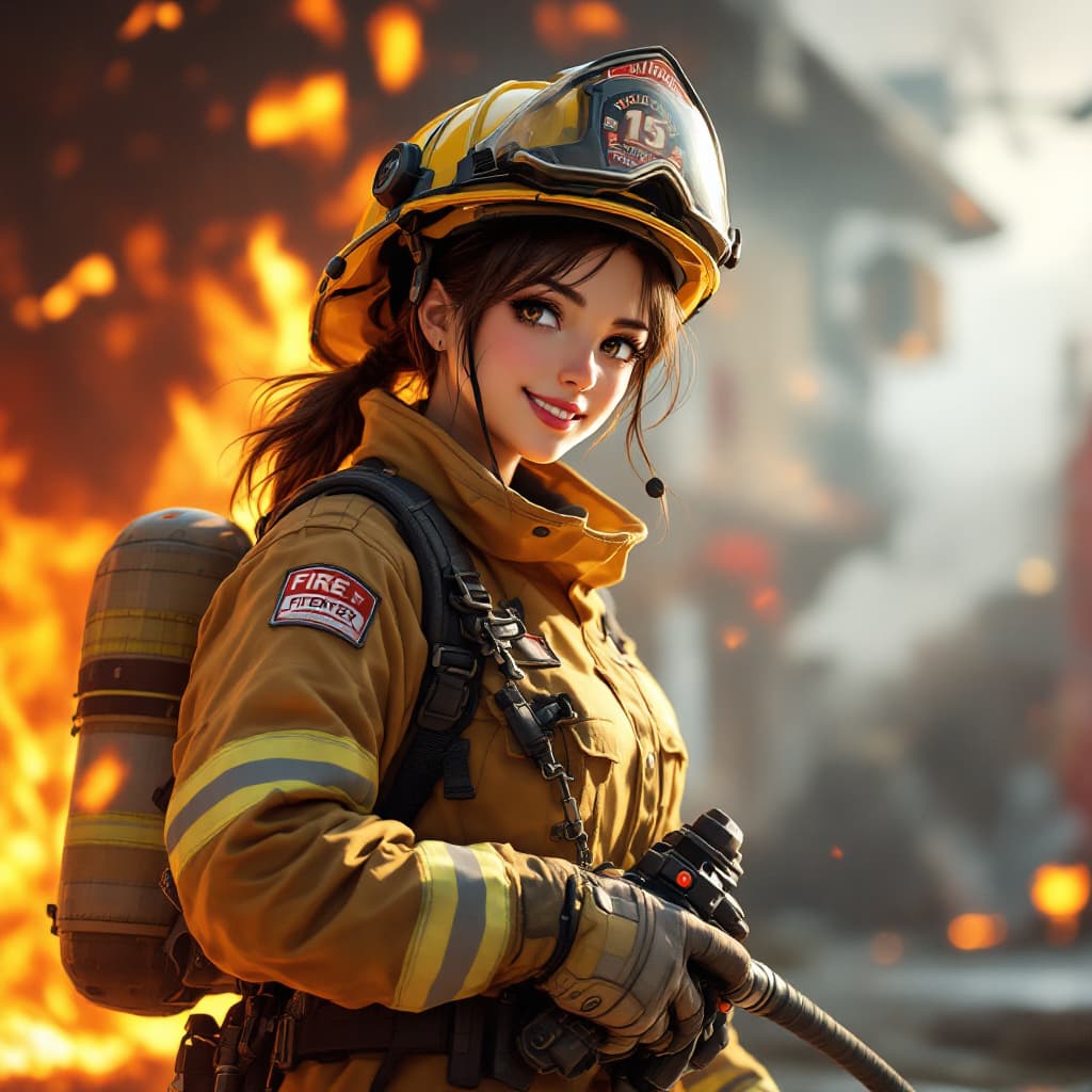 AI generated: A pretty female firefighter in full gear, putting out a fire, with a confident smile, blending anime...