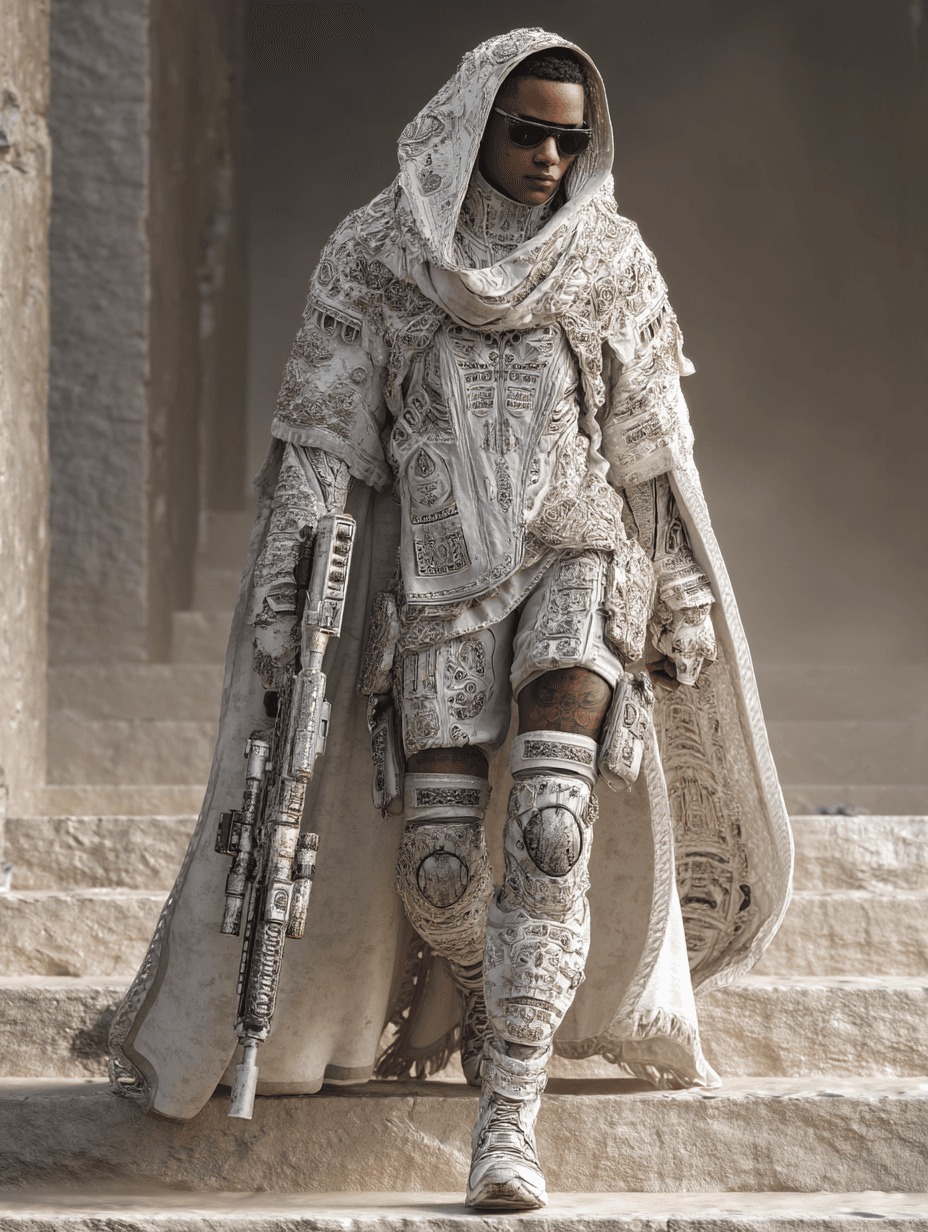 AI generated: Dark-skinned female figure, approximately 25 years old,  wearing a full-body,
 ornate, white and gr...