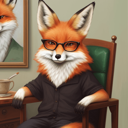 AI generated: A painting of fox wearing eyeglasses sitting on a chair