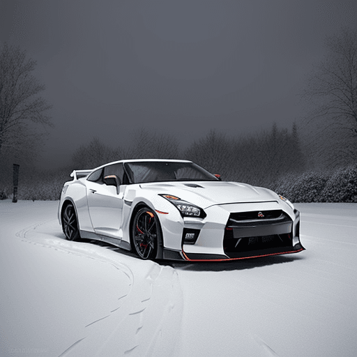 AI generated: "Craft an immersive scene featuring a Nissan GT-R gracefully parked in a winter wonderland, adorned ...