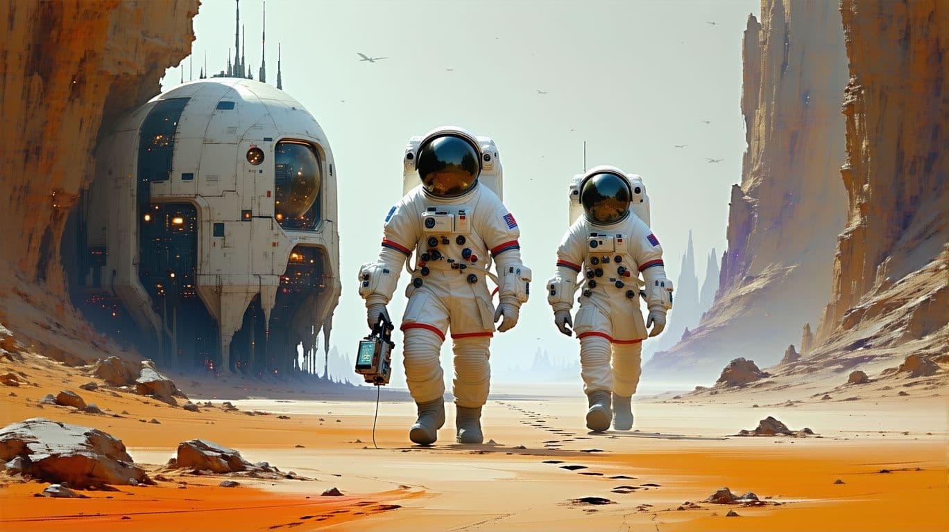AI generated: Two astronauts walk on the surface of an alien planet, one holding a visualization device, There's a...