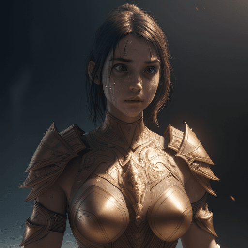 AI generated: 1girl, a real perfect female anatomy of brunette, sweaty naked upper body, light high ornamented arm...