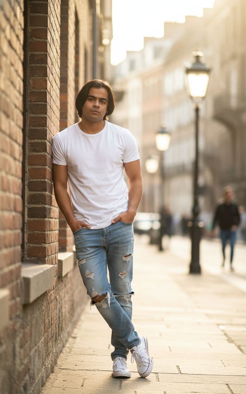 AI generated: a stylish young man with a lean, toned physique height 5feet 6inch, brown eyes, black hair same as r...