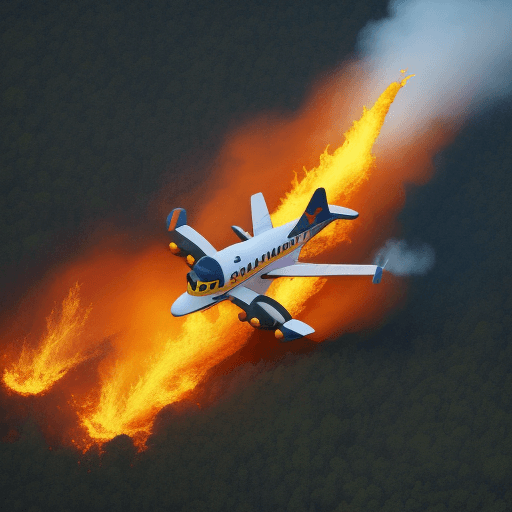 AI generated: a forest on fire, animals coming out of it in fear, a yellow seaplane flying over the forest