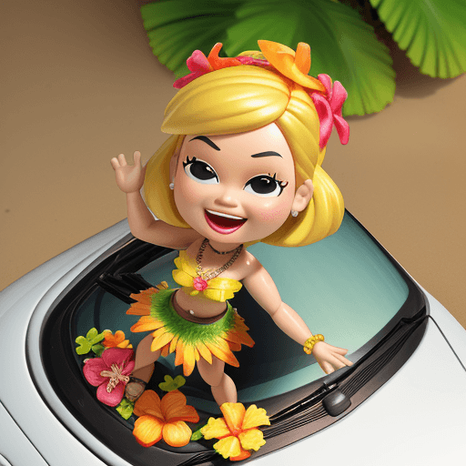 AI generated: Pixar Style, bobble head toy, beautiful, hawaiian hula dancer, laughing, grass skirt, Hawaiian Jumbo...