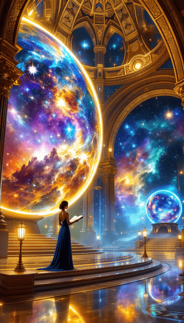 AI generated: Ultra-high resolution, Hyper-detailed fantasy interior, A grand and opulent hall with massive golden...