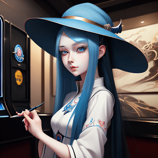 AI generated: a painting of a young girl with blue eyes with magition style hat, a detailed painting by Lü Ji, fea...