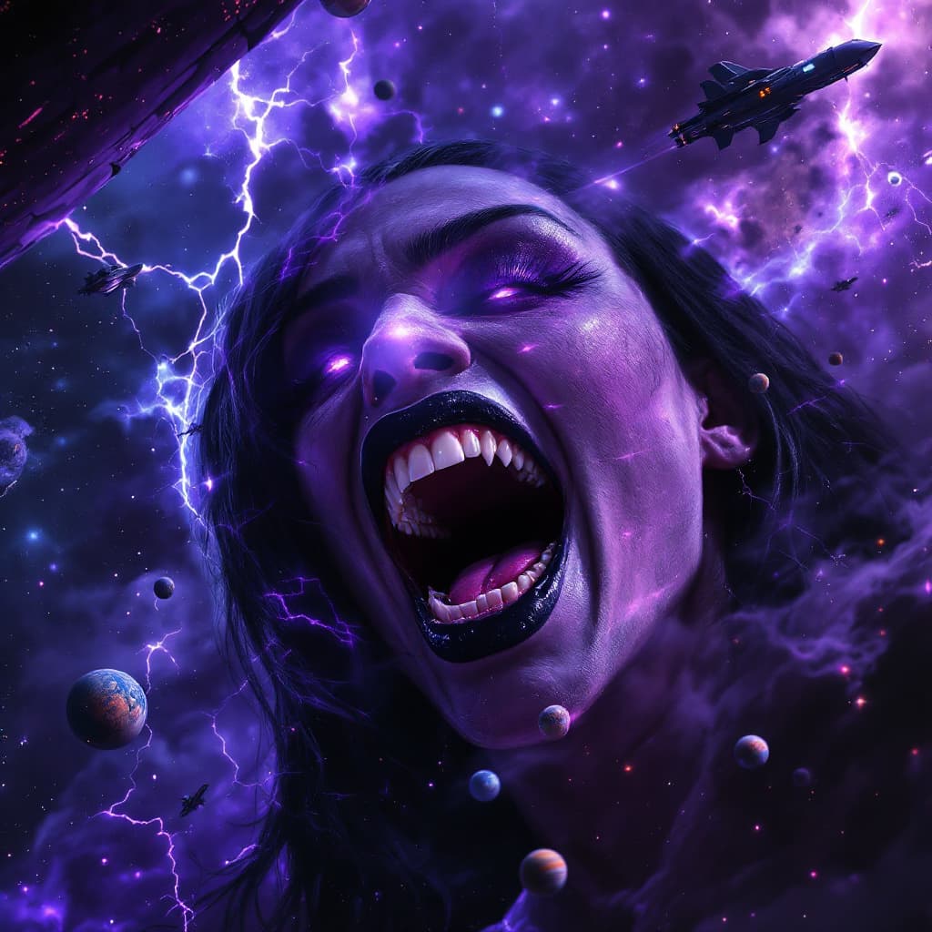 AI generated: enormous giantess Rhea Ripley  from WWE
bigger than a galaxy floating in space, minuscule planets in...