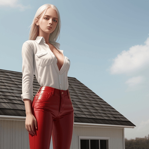 AI generated: a real photo of a girl in white open shirt, red latex jeans, country girl, standing on roof (detaile...