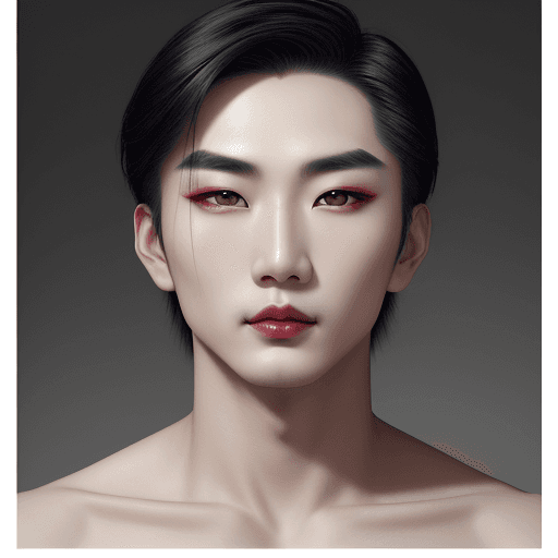 AI generated: Beautiful Asian man, porcelain skin, flawless and radiant, ethereal beauty, monolid eyes dark and de...