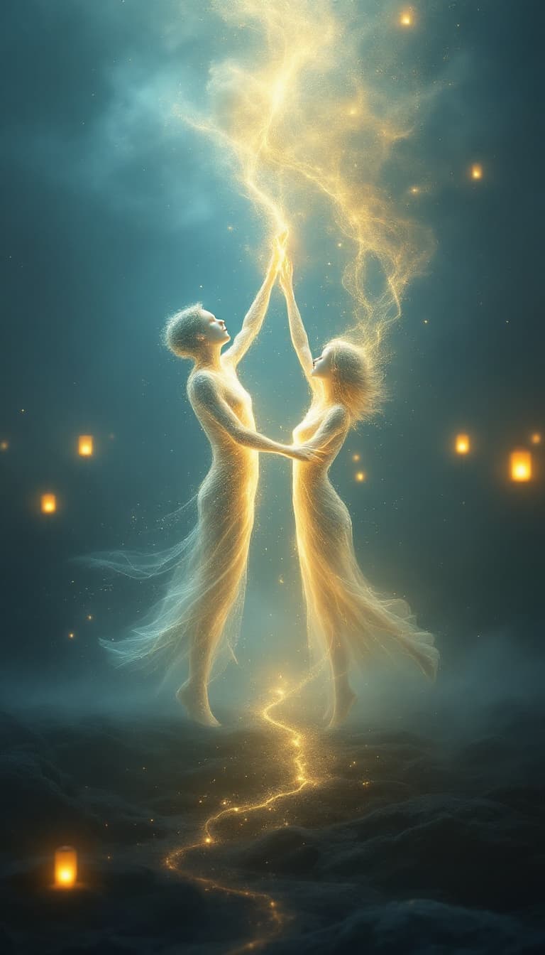 AI generated: A surreal depiction of separation: Two intertwined figures made of glowing light slowly pulling apar...