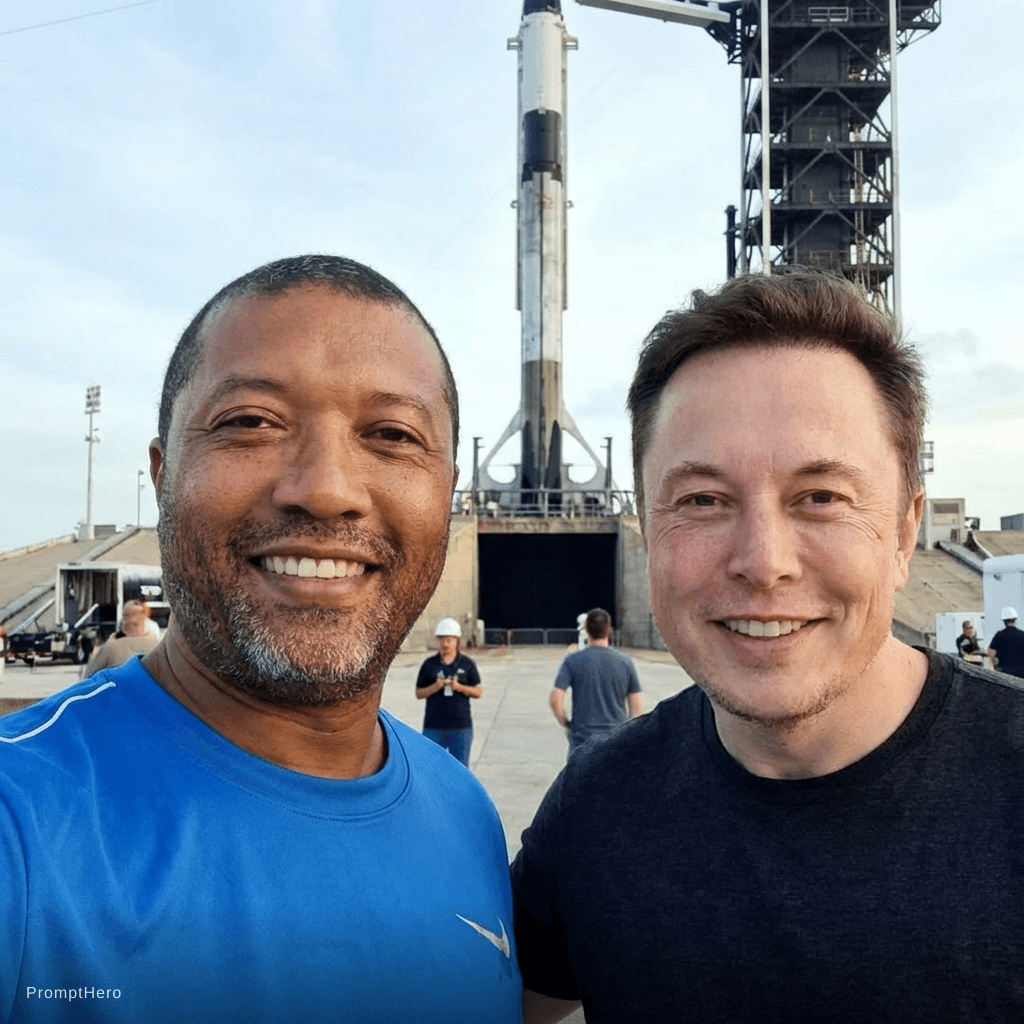 AI generated: with Elon Musk in front of a SpaceX rocket, professional setting, 