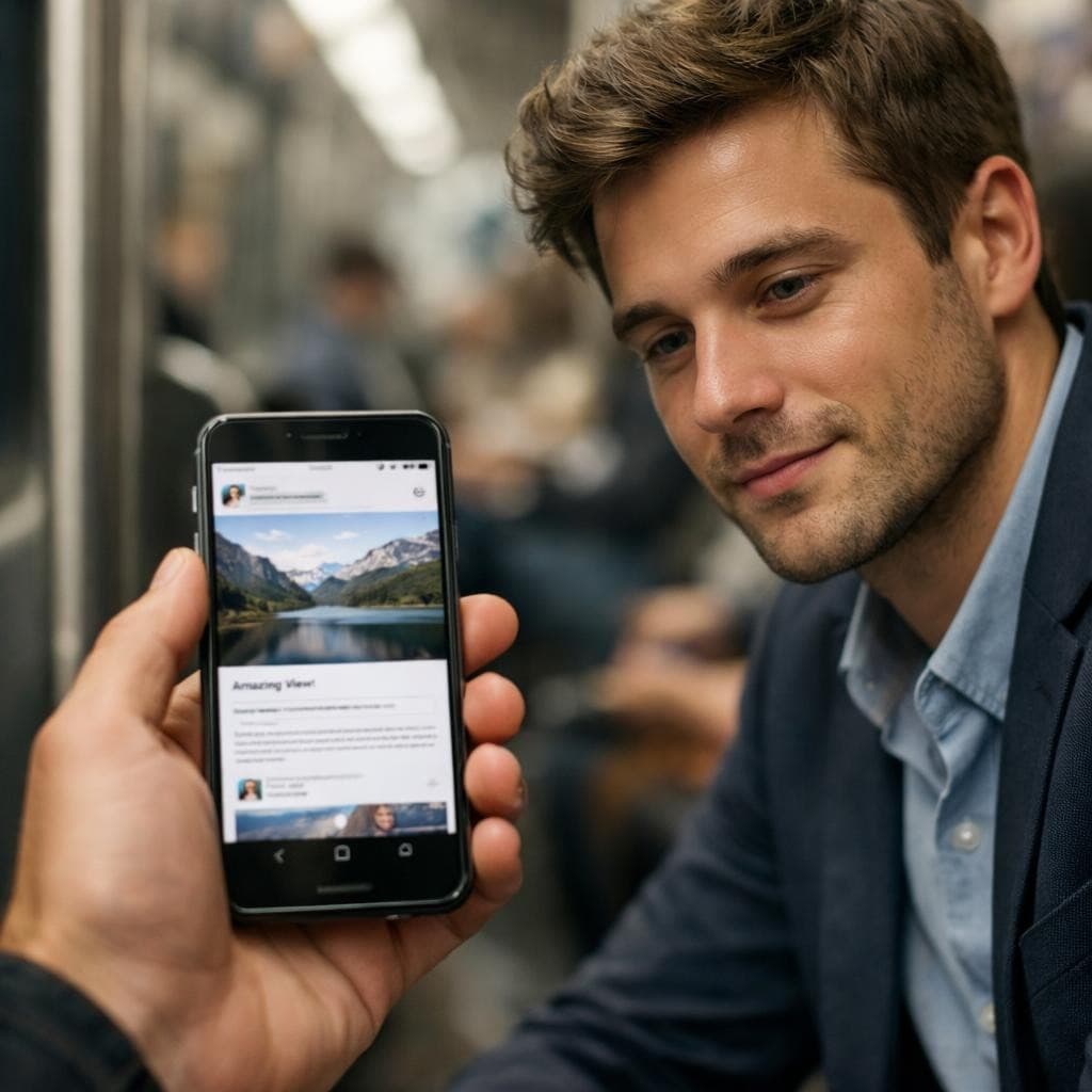 AI generated: POV shot of a person holding a smartphone and looking at the screen, first-person perspective. Next ...
