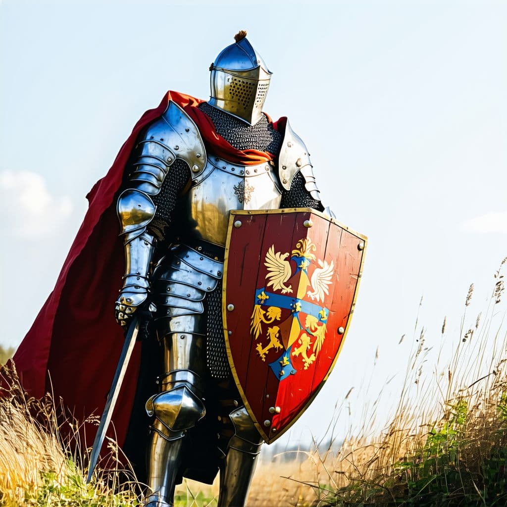 AI generated: a medieval knight in full plate armour, on foot, holding a shield with his coat of arms in one arm, ...