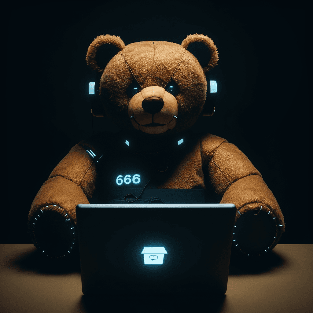 AI generated: teddy bear in cyberpunk style sits and holds laptop