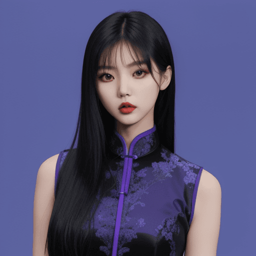 AI generated:  Asian model, purple and blue background, black clothes --ar 9:16 --s 250 