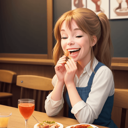 AI generated: animated image of a happy girl tasting to wait to eat at a table at rest