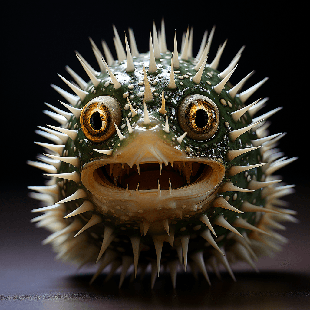 AI generated: A high-resolution, ultra-detailed photograph of a pufferfish showcasing a defensive inflation. The i...