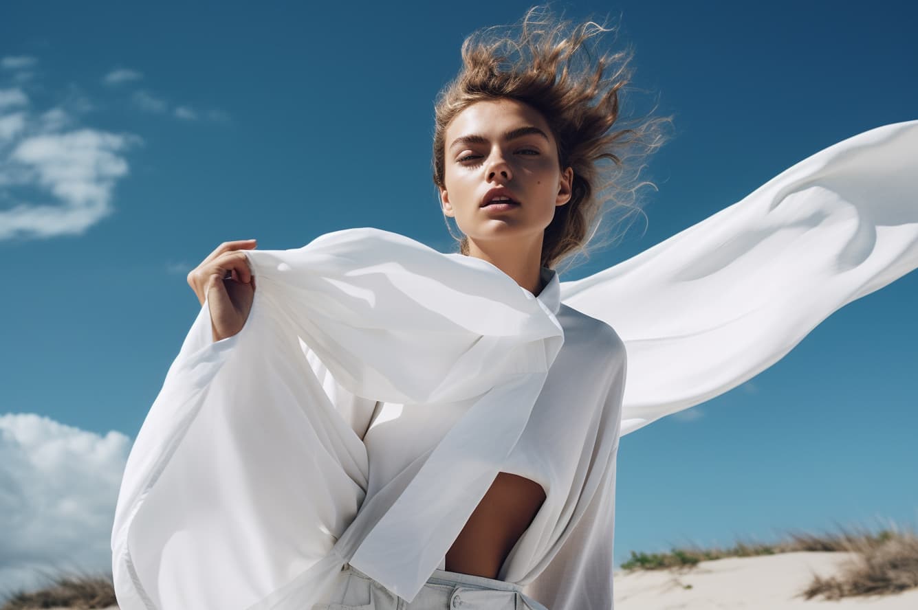 AI generated: slavic 18 years old model standing on top of a sandy beach, a portrait of issey miyake, slavic featu...