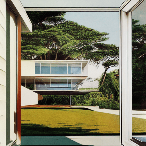 AI generated: Hyper realistic eye level exterior photo of a mid century modern style house overlooking the ocean, ...