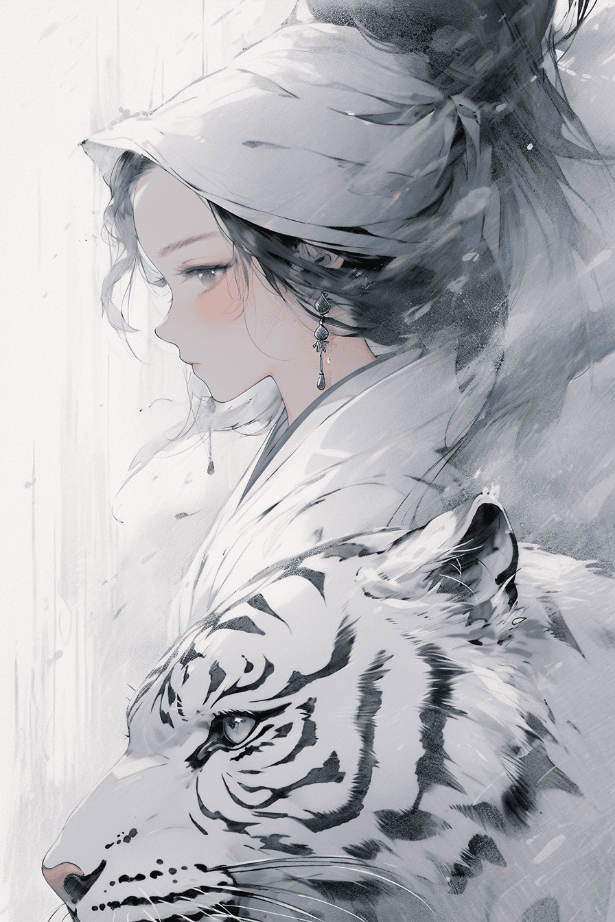 AI generated: White Tiger and a girl with obvious Chinese facial features, traditional Chinese ink style, Chinese ...
