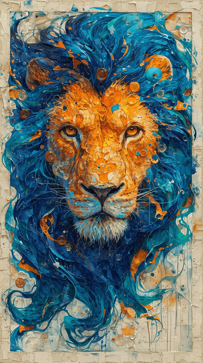 AI generated: lion painted in blue and green, in the style of whimsical watercolors, dark yellow and dark purple, ...