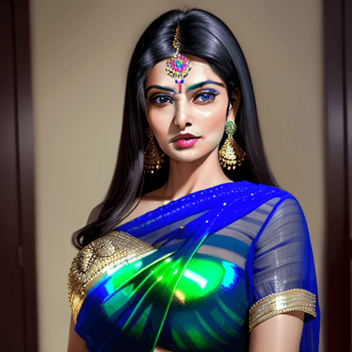 AI generated: Bold and gorgeous Indian mother wearing shiny transparent saree,  black hair, green juicy lips, blue...