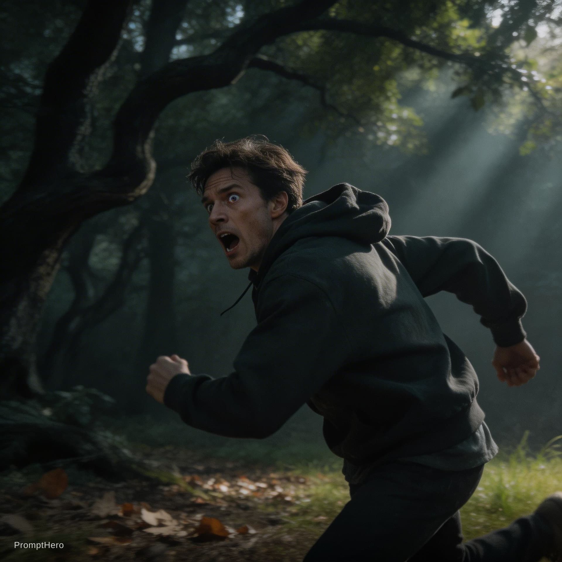 AI generated: A man sprints desperately out of a dense, shadowy forest, his face contorted in sheer terror as he g...