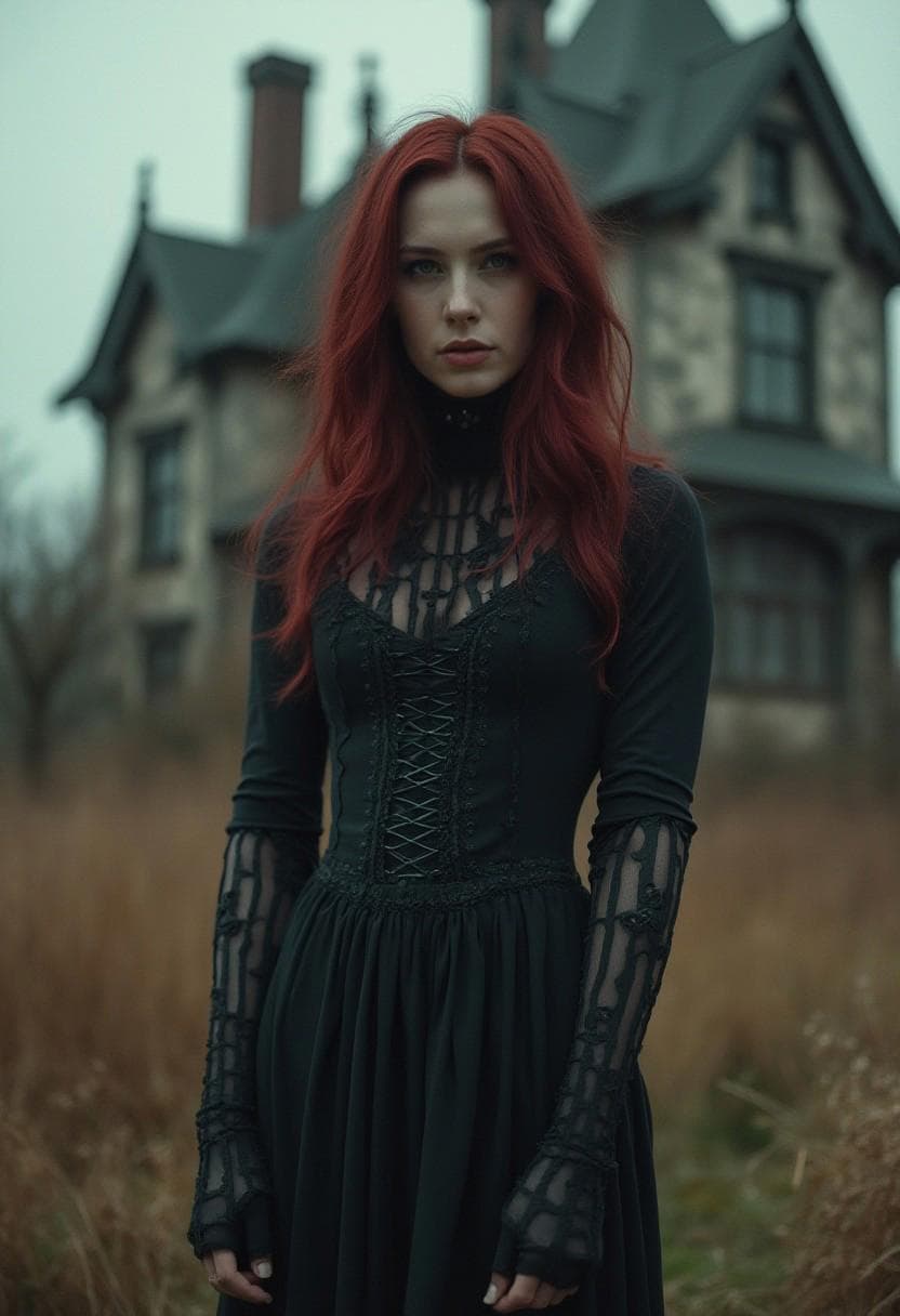 AI generated: cinematic photo woman with dark auburn hair, red highlights, standing in front of a creepy Victorian...