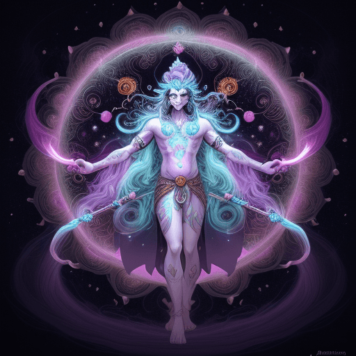 AI generated: A lord shiva god of dreams, adorned in celestial attire and wielding magical wands, dances amidst sw...