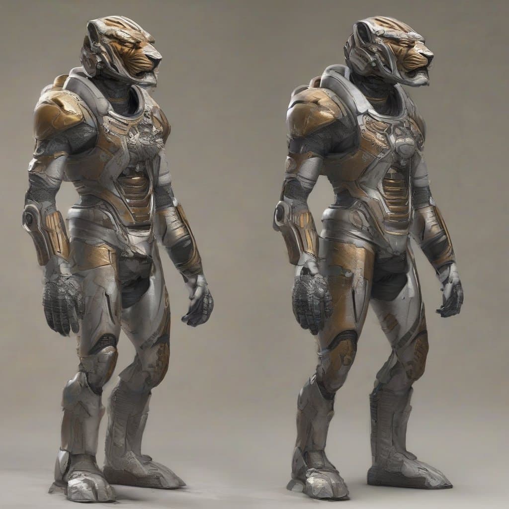 AI generated: Full body view of a battered extraterrestrial space warrior, looking faintly like an athletic humano...