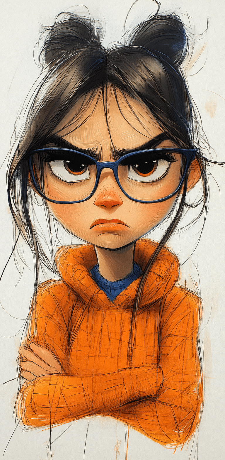 AI generated: Cartoon sketch of an angry girl with glasses, white background, drawing made in colored pencil and t...