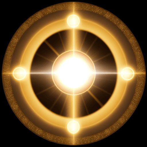 AI generated: photo of ultra realistic perfect circle with dot in center emanating golden divine light from source...