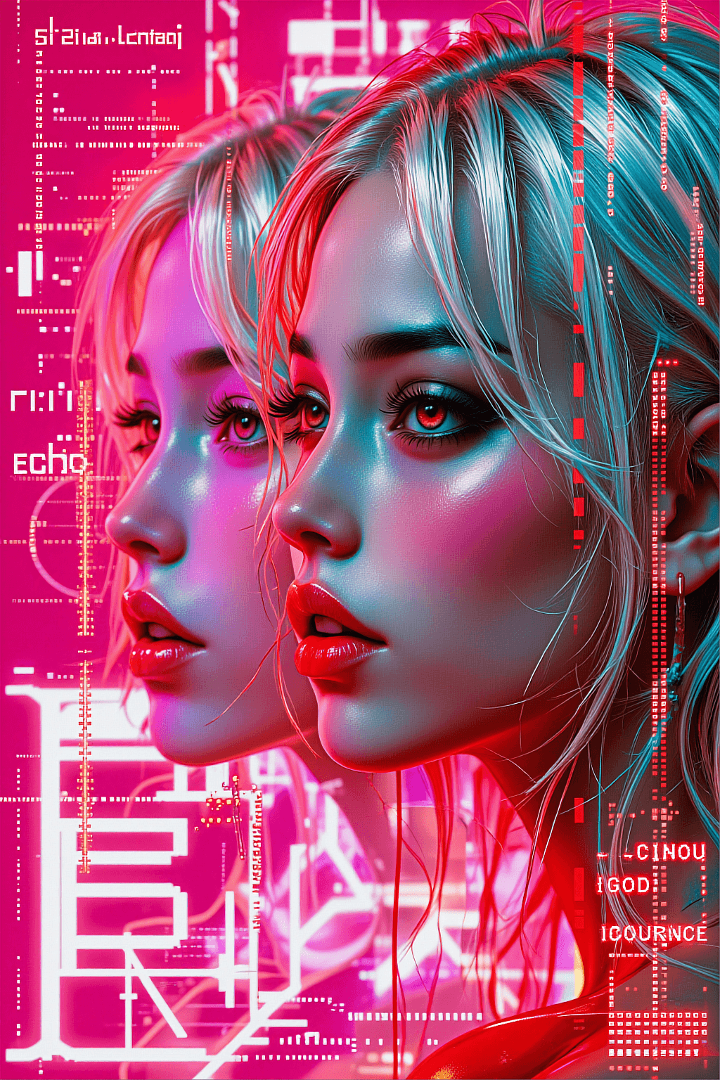 AI generated: A vertical cyberpunk digital art masterpiece featuring a close-up side profile portrait of a beautif...