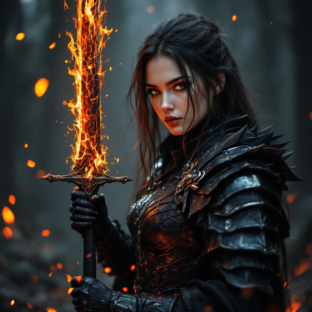 AI generated: Realistic women with black scary armor, Holding fire Sword,human face,long hair, perfectly detailed ...