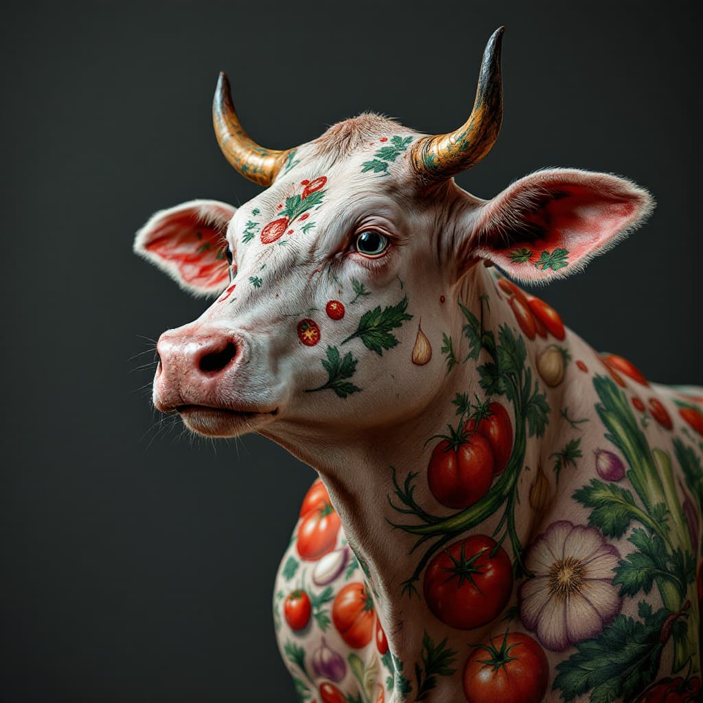 AI generated: photo close up, studio portrait, hairless big fat cow thin lines tattooed with tomatos, onions, cele...