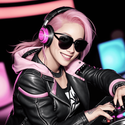 AI generated: beautiful (smiling:1) woman DJ with (pink hair:1.1) wearing (headphones:1.1) and sunglasses and a le...