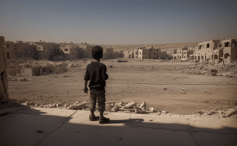 AI generated: “little boy figure lost (in the middle of the scene), epic view of Hummus in Syria in destruction, e...