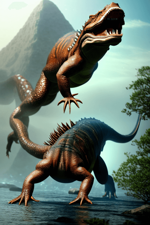 AI generated: salamander, titanosaurus, giant walking spinosaurus on hind legs, spinosaurus, large dorsal sail, ar...