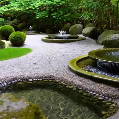 AI generated video: Fountains through green zen garden