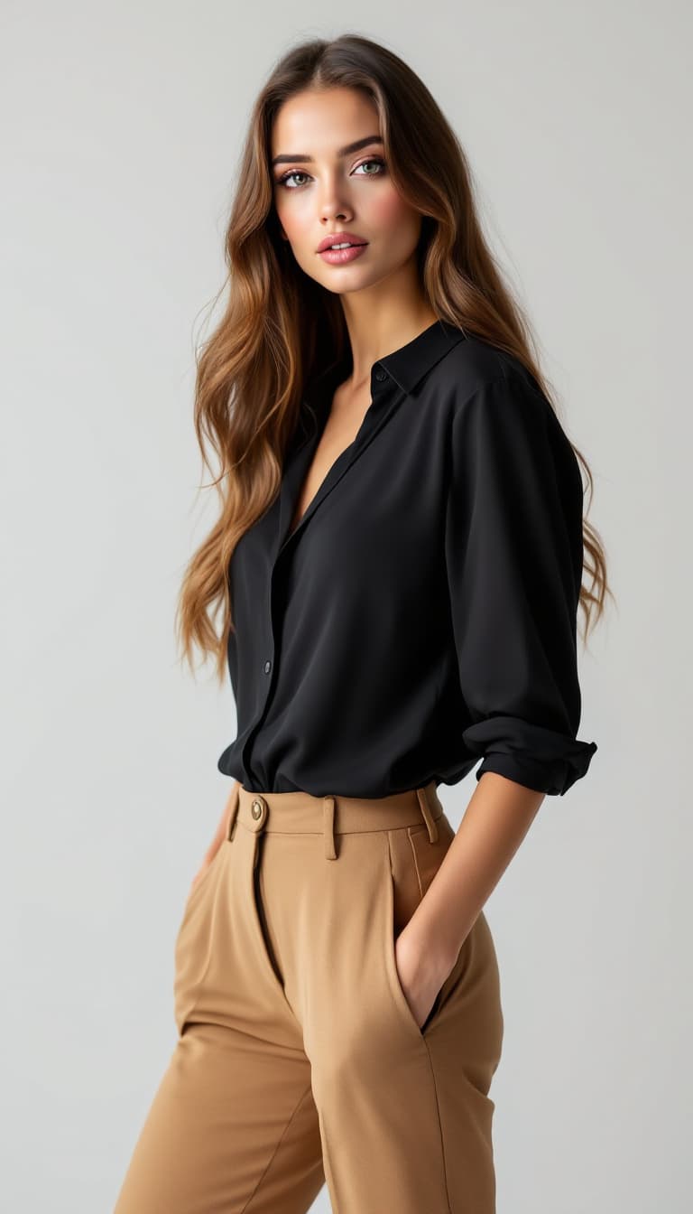 AI generated: A very beautiful model poses half-sideways on a white background. She has long, shiny hair, neatly s...