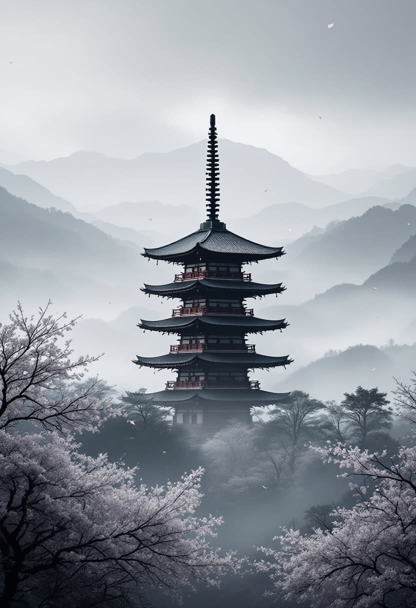 AI generated: Traditional Japanese pagoda standing tall in misty, layered mountains, mid-range view, centered comp...