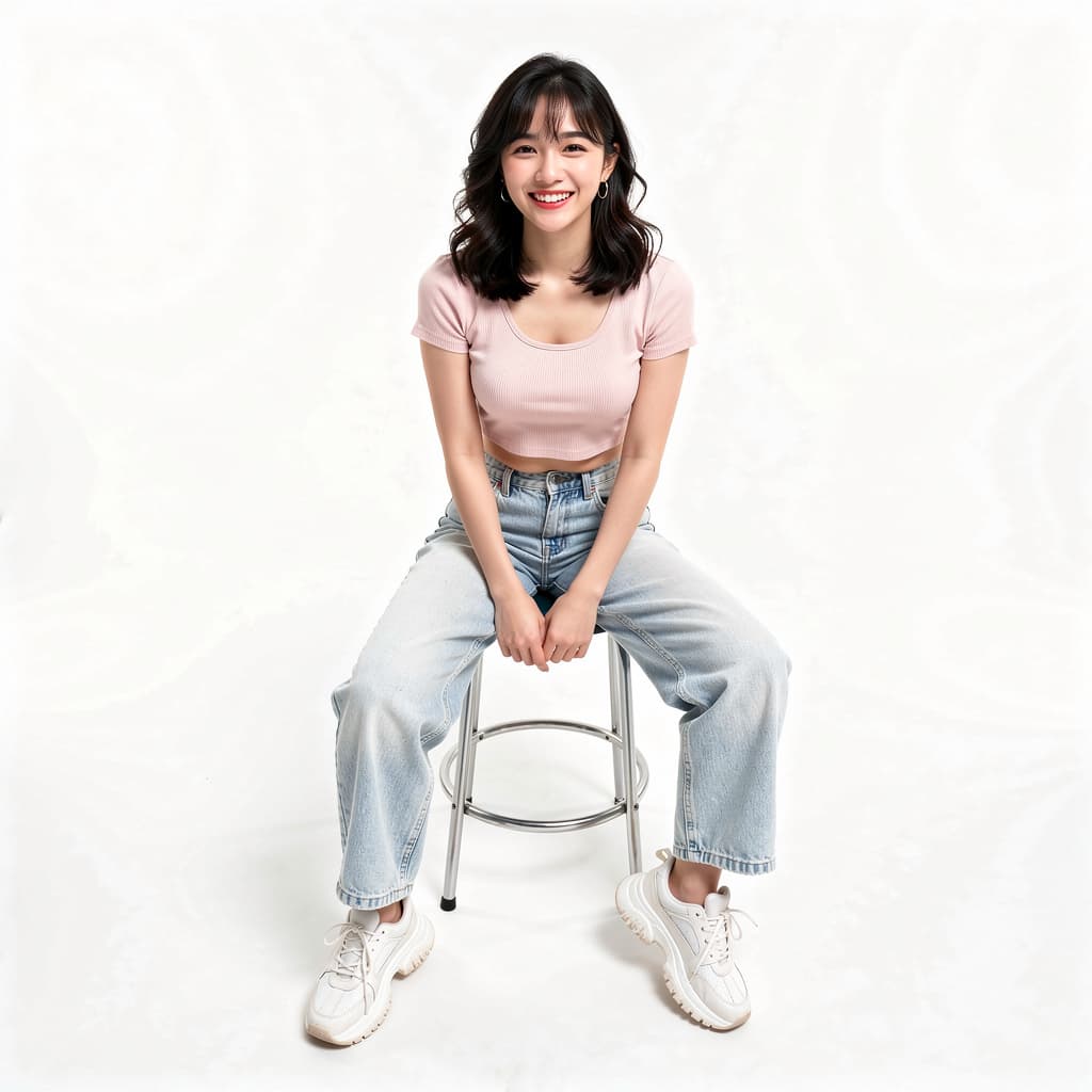 AI generated: A highly detailed, photorealistic, cinematic high-angle full-body studio shot of a cute and stylish ...